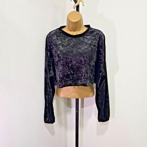 Black Crushed Velvet Crop Top Womens Med Rocker Goth Grunge Long Sleeve Made USA